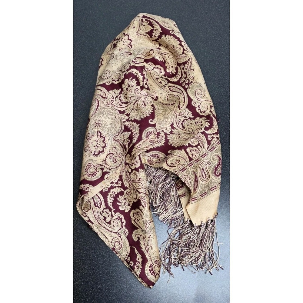 ECHO CLUB 7 Vintage Silk Lightweight Scarf Gold Red Fringe‎ Paisley Design 52x12